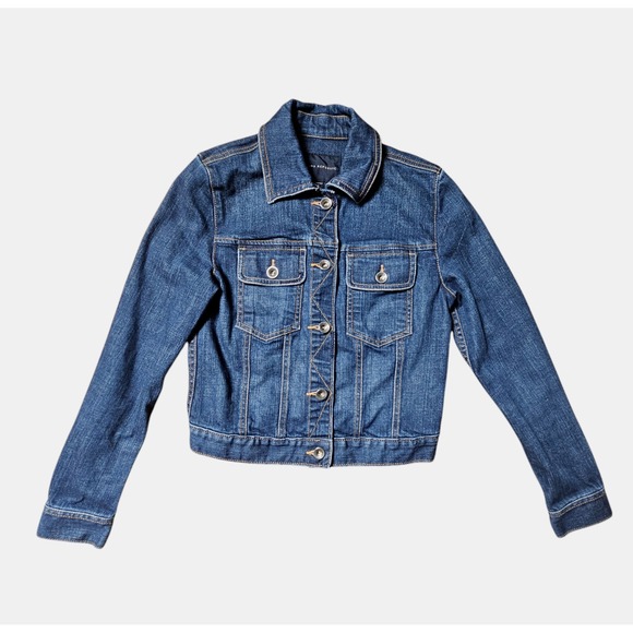 Banana Republic‎ Cropped Denim Trucker Jean Jacket Stretch Womens XS Dark Wash - Picture 1 of 10